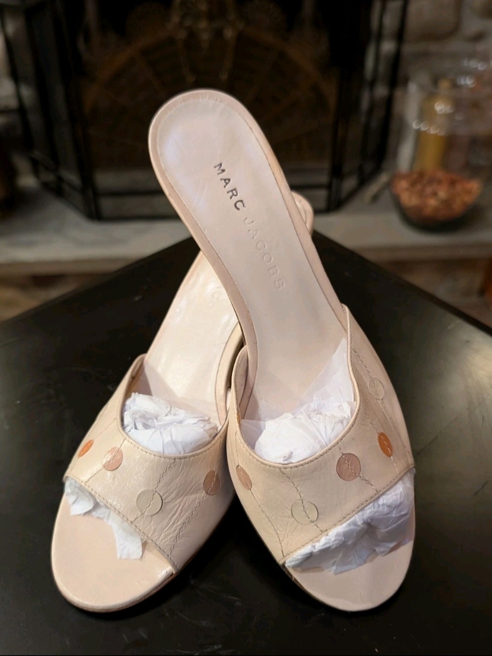 Marc Jacobs Cream Leather Kitten Heels | Italy | Sz 6 | Retro Polka Dot Slides